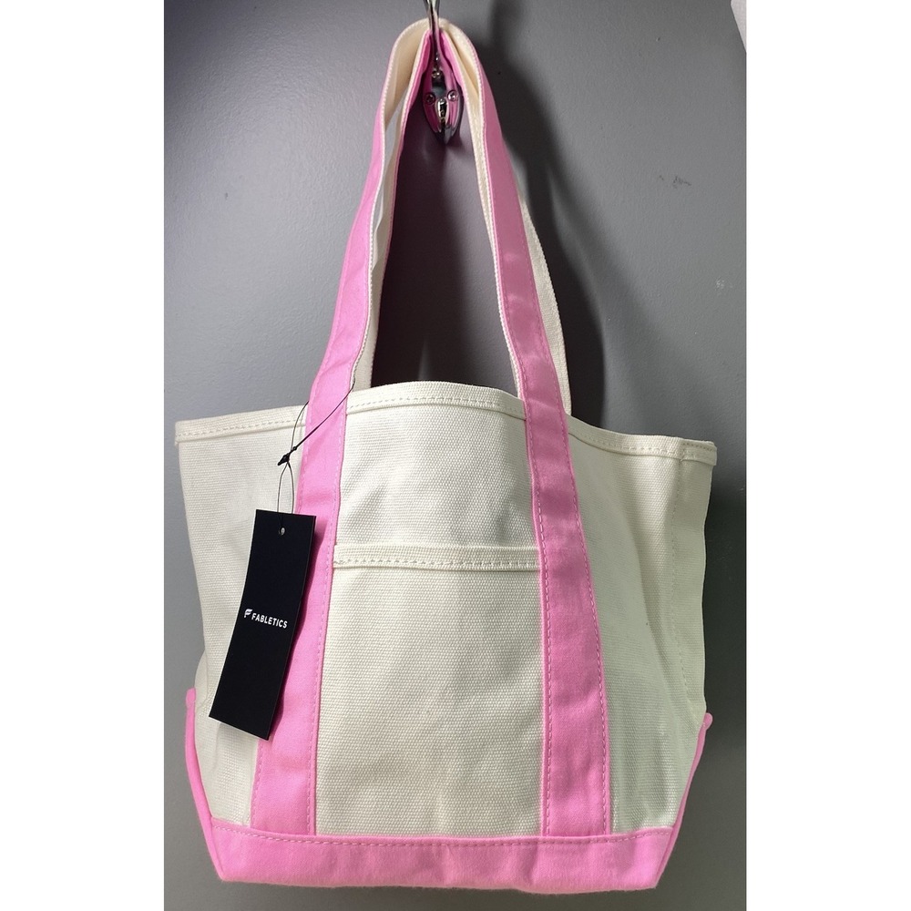 Fabletics Women The Canvas Mini Day Tote Bag Grocery Ivory & Pink NWT 9x12x6.25"